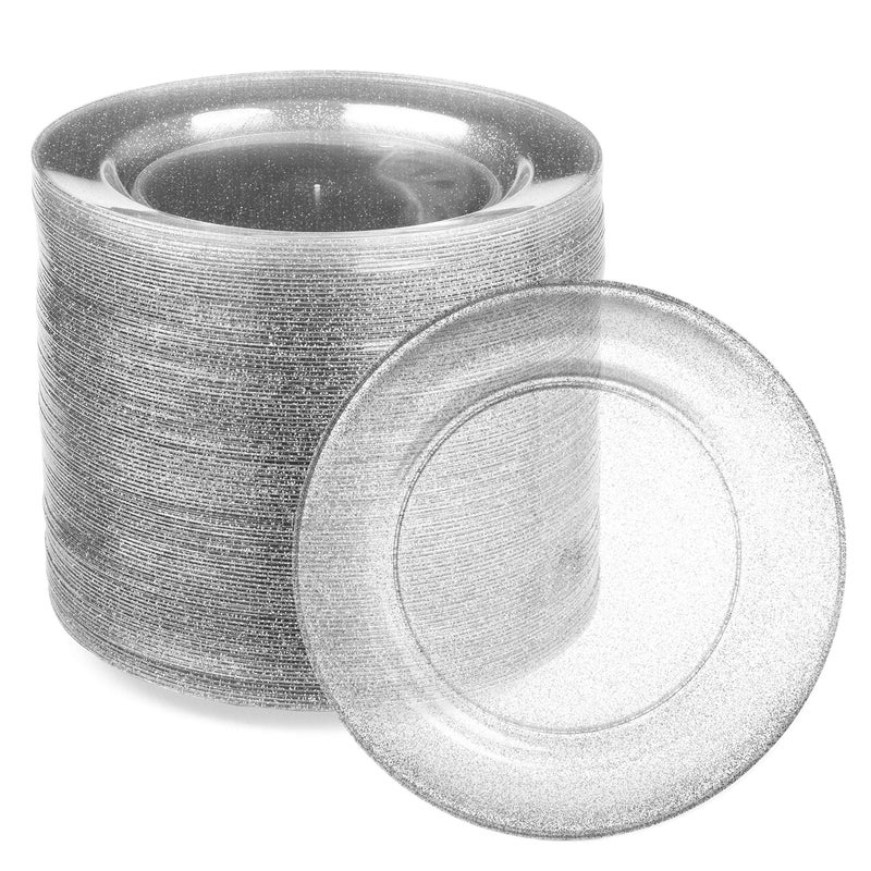 Ilyapa 100 Pack 6 Inch Disposable Dessert Plates, Plastic Clear Party Sets for 100 Guests, Clear Appetizer and Cake plates 6", Party & Dinner Accessories, Silver Glitter - Image 1